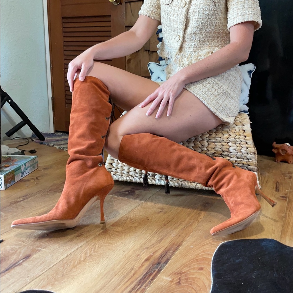 Ashley Dearborn, Elegant Brown/Orange Suede Knee-High Boots, Lace Up, Size 9.5